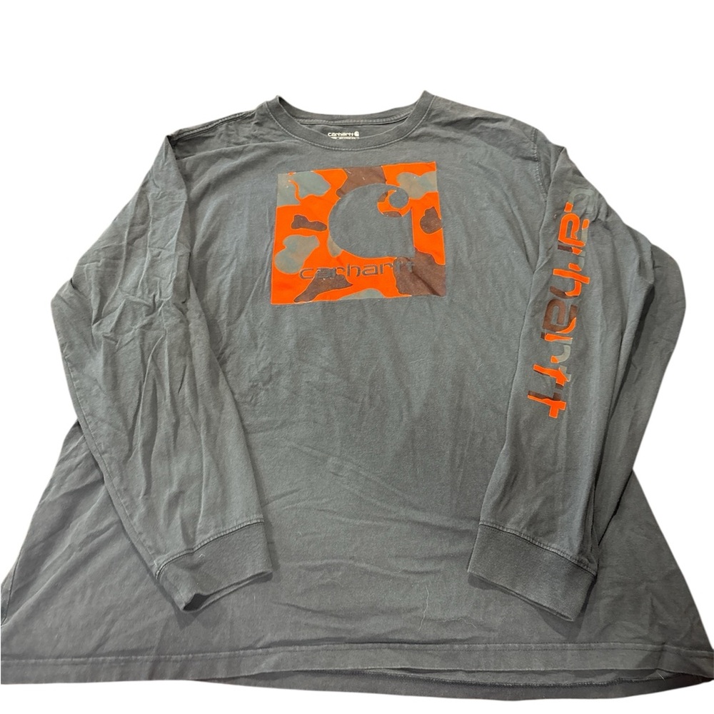 Carhartt Men’s Long-Sleeve Logo Tee in Gray with Orange Camo Accent